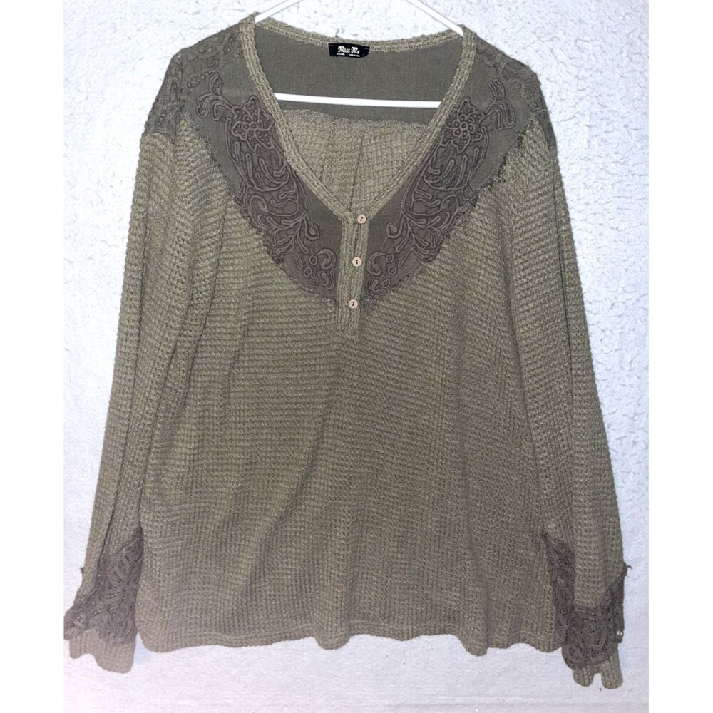 Miss Me Womens XL Olive Green Waffle Knit Crochet Lace Henley Top Long Sleeve